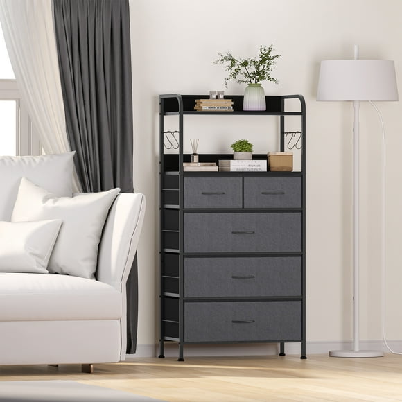 5-Drawer Storage Dresser w/Fabric Bins & Wood Top – Steel Frame Organizer for Bedroom, Nursery, Entryway | Anti-Tip Design, Adjustable Shelves
