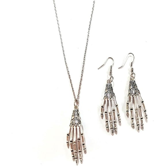 Halloween Gothic Skeleton Hand Guillotine Skull Dangle Drop Earring Rhinestone Bead Claw Palm Choker Collar Necklace for Women Punk Rock Cosplay Halloween Costume Jewelry Set