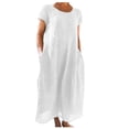 thumbnail image 2 of BEBUTTON Womens Summer Casual Loose Solid Linen Dresses Plus Size Round Neck Short Sleeve Maxi Dresses with Pocket White 5XL, 2 of 5