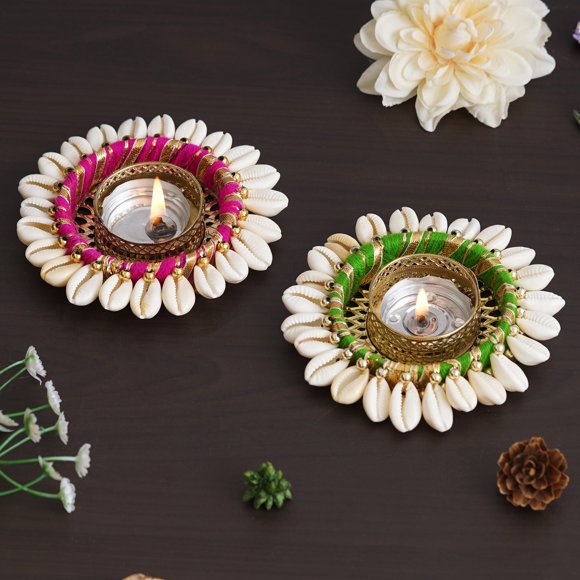 Set Of 2 Cowrie Shell Decorative Metal Tea Light Holders | Pink, Green & White