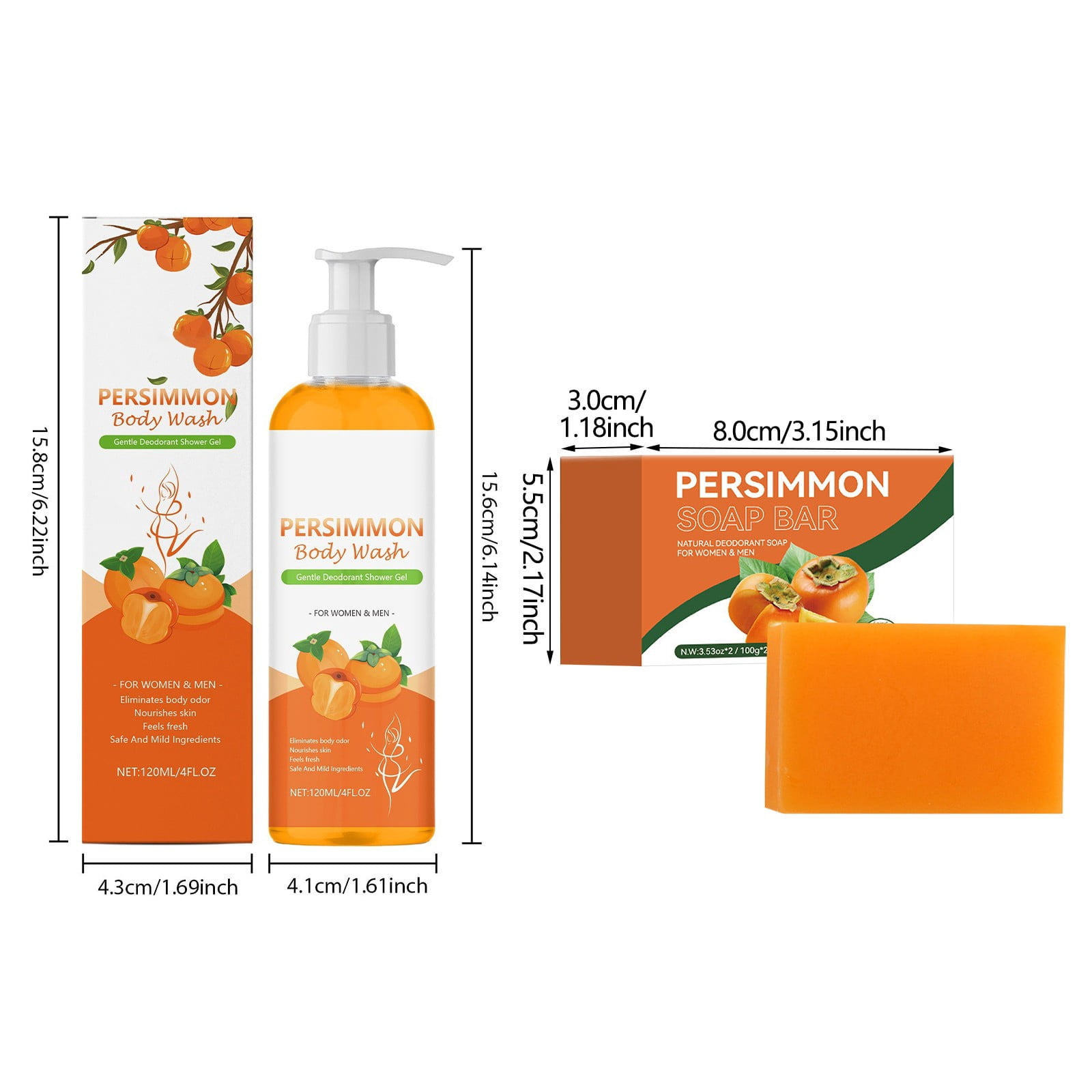 SZBAOAN Persimmon Soap Bar and Body Wash Set,Natural Deodorant for Old People Smell & Smelly Feet,Remove Body Odor,Nourishes Skins,Natural Persimmon Body Shower for Women & Men