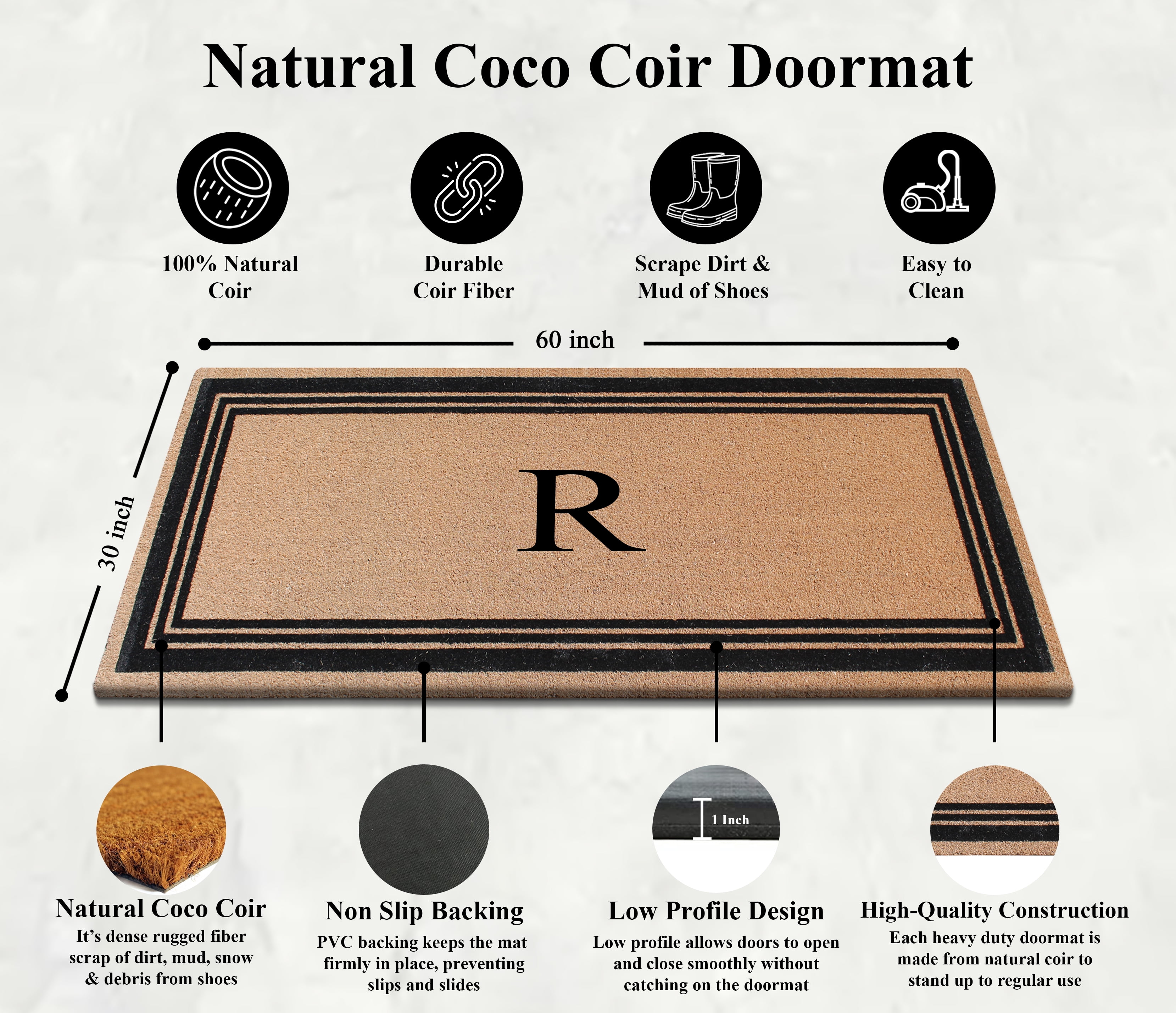 A1HC Natural Coir Flock Monogrammed Door Mat for Front Door, 30x60, Anti-Shed Treated Durable Doormat Outdoor Entrance, Heavy Duty, Thin Profile, Easy to Clean, Long Lasting, Front Door Entry Doormat