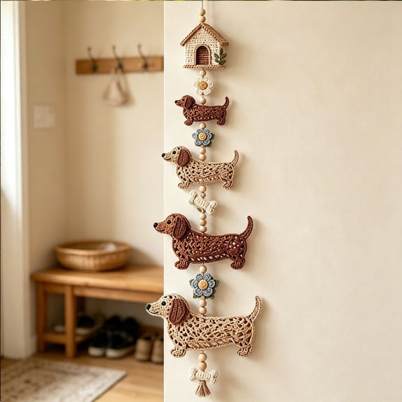 Cute Garden Dachshund Cascade DIY Crochet Hanging Decoration Kit, 3D Soft Boho Dreamcatcher DIY Set for Beginners Adults Friendly with Wooden Beads and Tassel Decor for Home Wall Window Room Gift