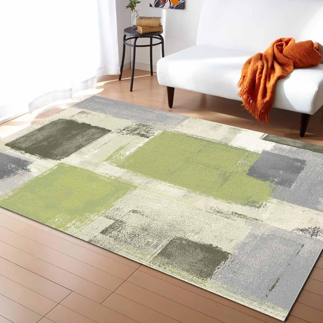 Sage Green Abstract Area Rugs Indoor Non-Slip Washable Rug 3x5 Ft Abstract Geometric Oil Painting Style Modern Rubber Backing Floor Mats Contemporary Home Decor Carpet for Entryway Living Room