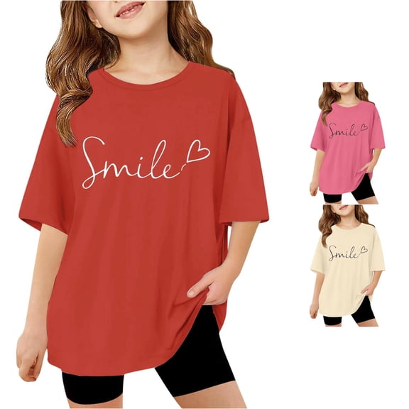 ZHOGXU Children Kids Girls T Shirt Short Sleeve Round Neck Letter Print Oversized Comfortable Basic Tees Top For Casual Daily Wear,Red,11-12 Years