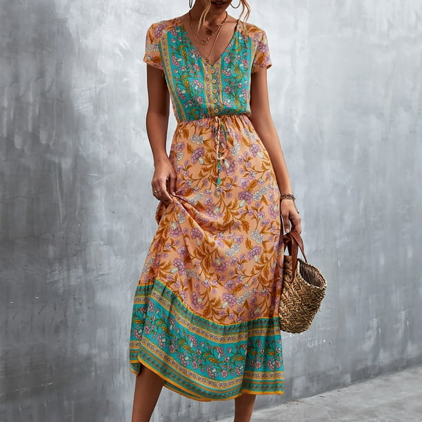 Women Floral Printed Dress Floral Summer Dress Long Elegant For Vacation Yellow Green XL