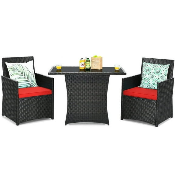 Barara King Outdoor Collection Set, Patio Conversation Table Chair Set, 3 Pieces Patio Rattan Furniture Set with Cushion and Sofa Armrest-Red