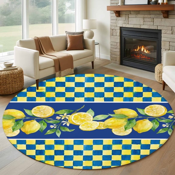Watercolor Lemon Round Area Rug 7Ft Washable Circle Rugs for Dorm Laundry Room, Navy Blue Yellow Buffalo Plaid Summer Non-Slip Carpet Floor Mats Indoor Outdoor Carpet Runner Aesthetic Home Decor