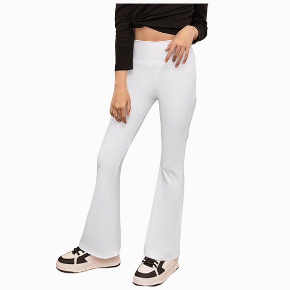Linfrsh Girls High Waisted Leggings Kids Yoga Pants Athletic Activewear Youth Bell Bottoms Casual Pants(White,13-15 Years)