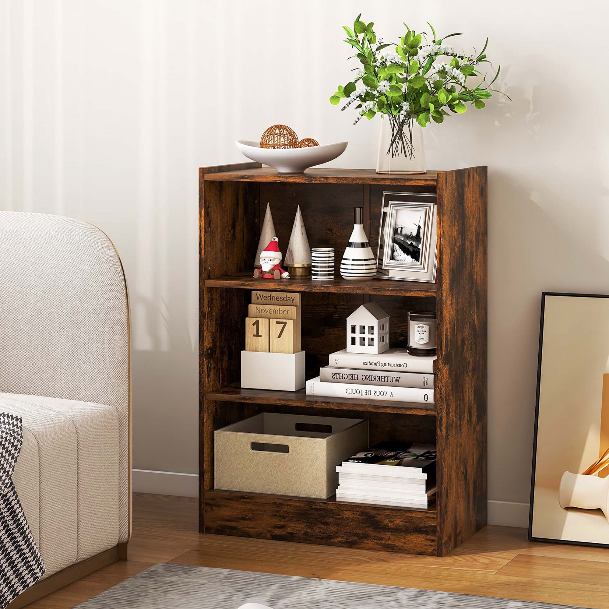 Costway 3-Tier Bookcase Open Multipurpose Display Rack Cabinet with Adjustable Shelves