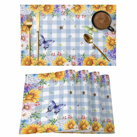 Sunflowers Placemats Set of 12, Spring Watercolor Flowers Butterflies Hydrangea Blue Placemats for Dining Table, Place Mats for Kitchen Tabletop, Waterproof Wipeable Dining Table Mats Set