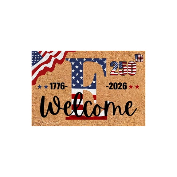 Patriotic Welcome Doormat 23.6"x15.7" Letter E 250th Anniversary 4th of July Mat Star Stripes Non Slip Indoor Entrance Rug for USA Independence Day Memorial Day Decor