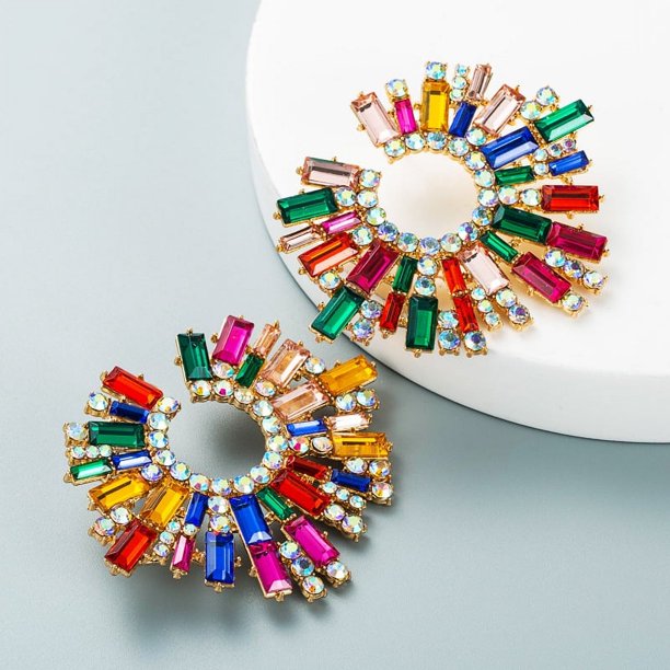 Pendientes de girasol con incrustaciones de diamantes de imitación de colores de aleación, pendientes de cena hipster súper llamativos para mujer, adecuados para diversas ocasiones