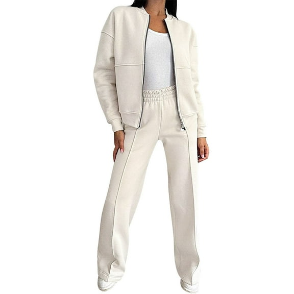 BLOCLOALO 2 Piece Lounge Set Zip Up Hoodie Outfits Set Oversized Sweatshirt Jacket Sweatpant Matching Sweat Sets Winter Sweatsuits Long Sleeve Shirts Plus Size Workout Sets Fall Lounge Sets Beige L