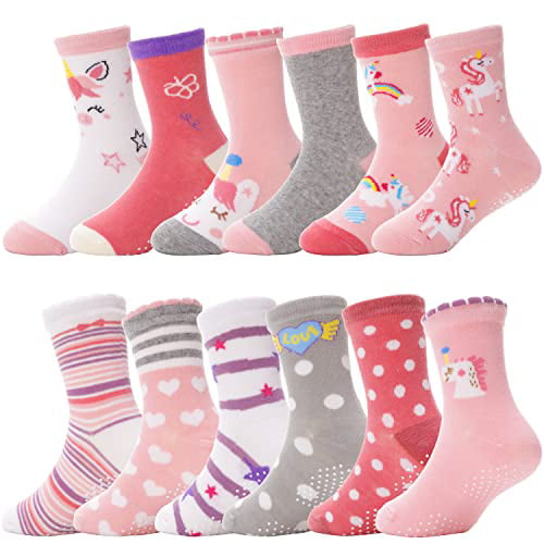 12 Pairs Baby Socks Cotton Crew Toddler Socks Grips Non Slip Bottom Socks 