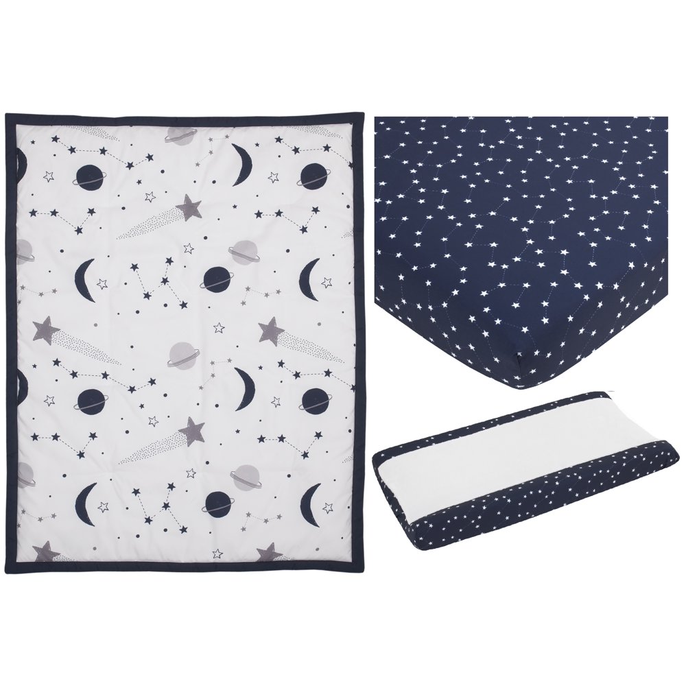 MoDRN Celestial Stars 3Piece Crib Bedding Set, Navy, Grey, and White