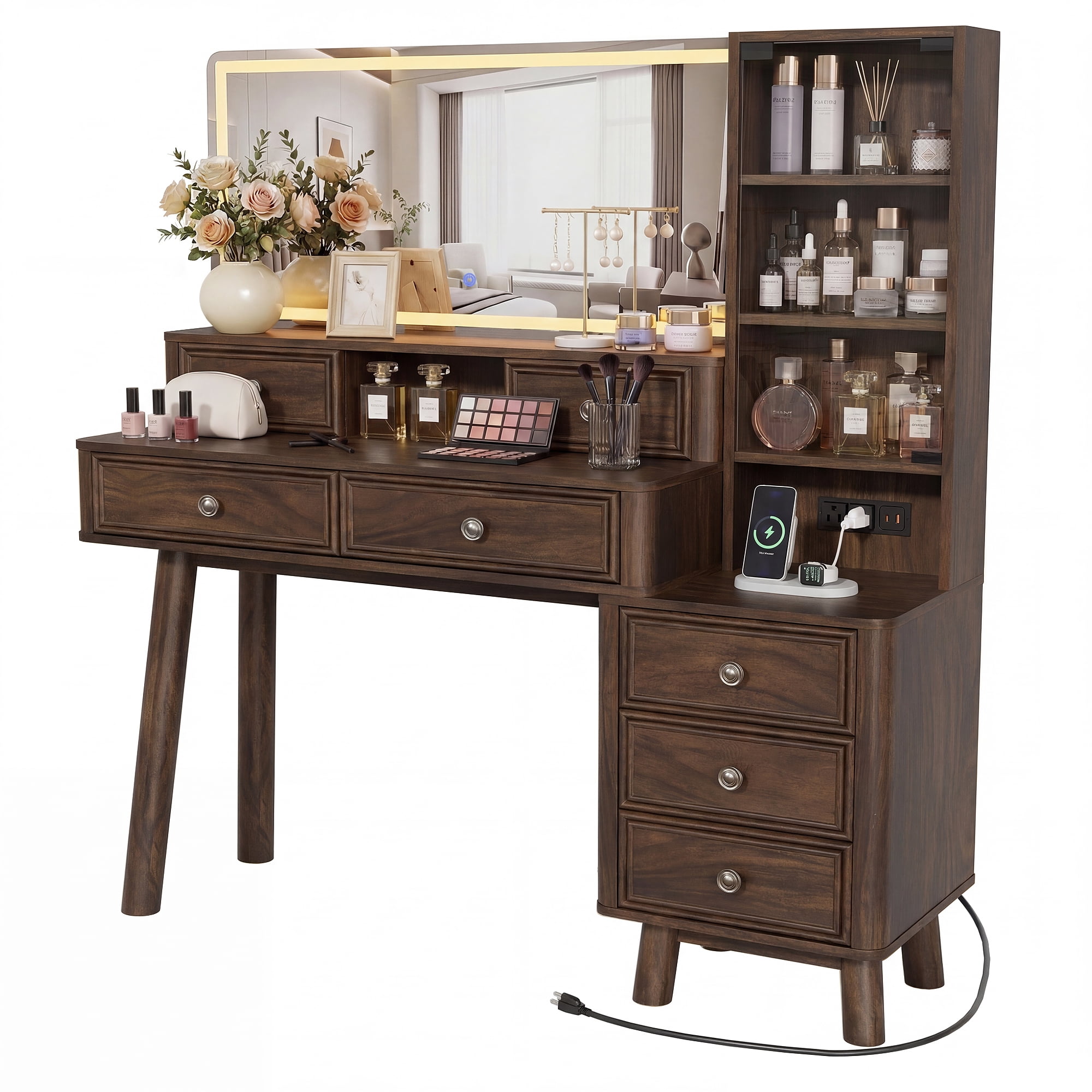 Homall 48'' Makeup Vanity Set with Large Mirror & LED Lights, Retro Vanity Desk with 7 Drawers & 3 Shelves, Vanity Table with Charging Station for Bedroom, Dark Walnut(2 packs)