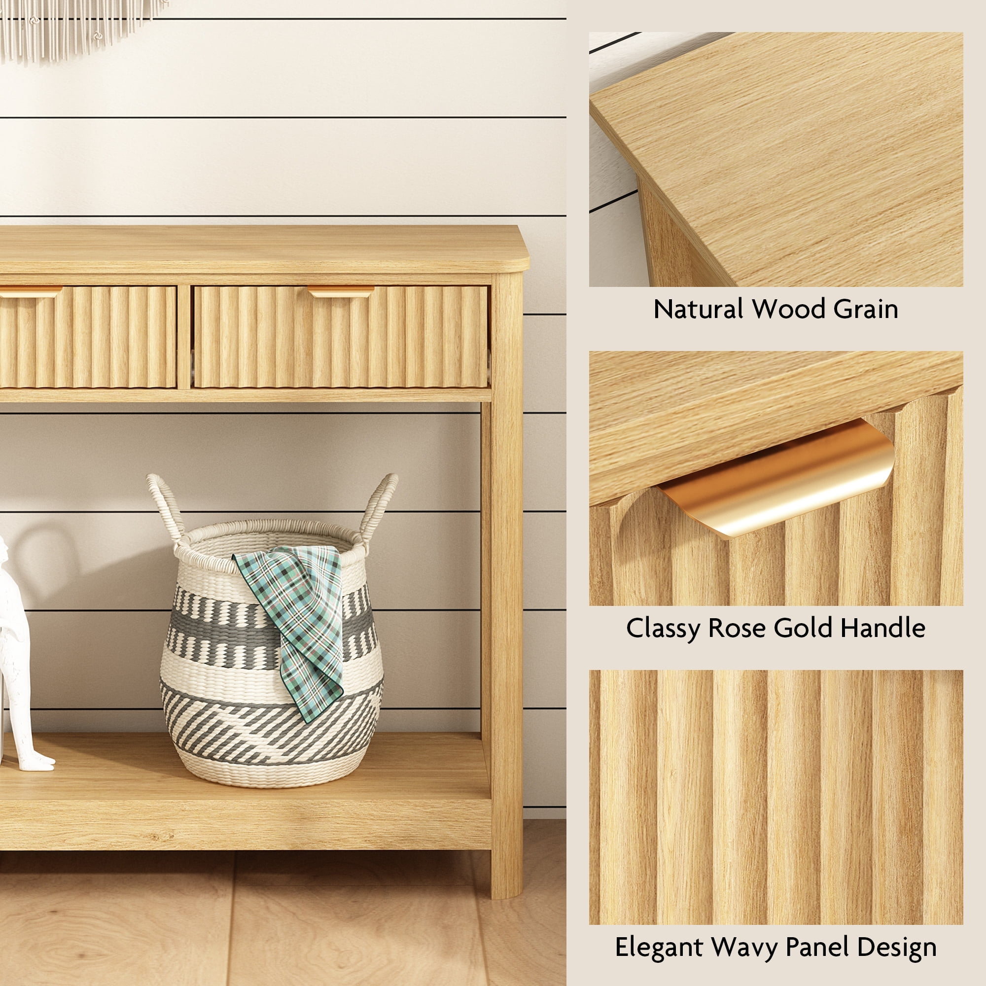 47" Fluted Console Table with 3 Storage Drawers, Narrow Entryway Table, Wood Sofa Couch Table for Living Room Entrance