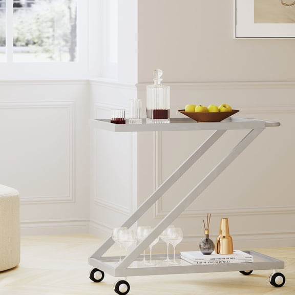 Silver Bar Cart in Glass and Metal / Z-shaped Frame for Unique Look