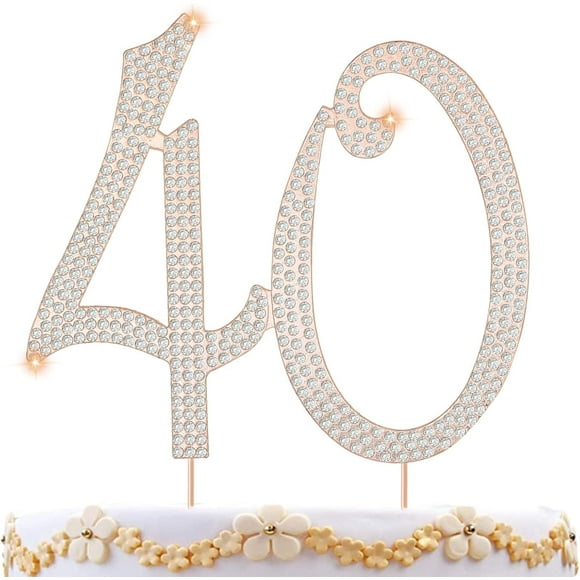 40 Cake Topper 40th Anniversary Birthday Wedding Diamond Cake Topper for Women Bling Rhinestone Cake Decoration Party Supplies Keepsake, Rose Gold