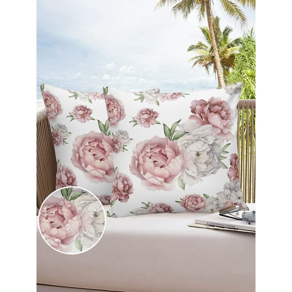 Vintage Watercolor Blossom Flowers Green Leaf Outdoor Pillow Covers Waterproof Throw Pillow Cover 18x18in Set of 2,Square Decorative Pillowcases Cushion Case for Patio Sofa Couch,Pink White Floral