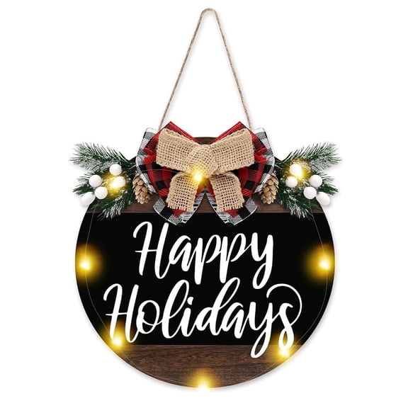 Merry Christmas Happy Holidays Front Door Sign, 12 X 12 Inch Wooden Round Christmas Welcome Sign For Porch Yard Christmas Front Door Decorations