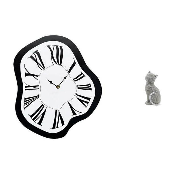 Reloj de pared,Reloj de pared interior nórdico con números romanos,Relojes distorsionados Reloj electrónico de lujo moderno,Figura de escritorio,Estatua de gato,linda decoración para