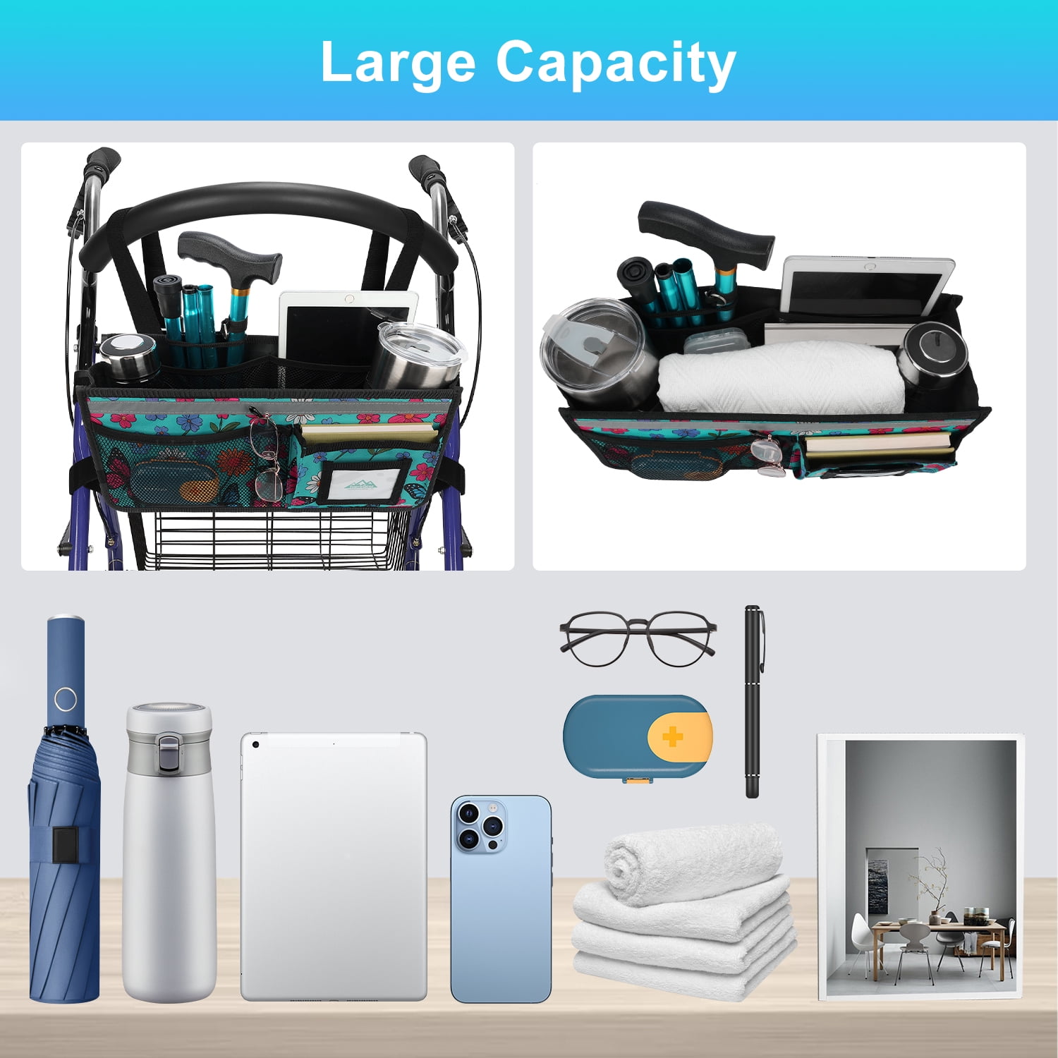 SupreGear Foldable Waterproof Walker Bag with Cup Holder, Cyan Butterfly Rollator Storage Pouch