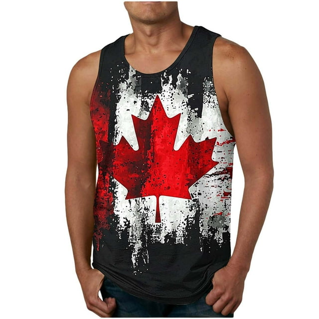 Mens Maple Leaves Printing Fitness Home Wear Pajamas Color Cotton Solid Color Round-Neck Tank Top