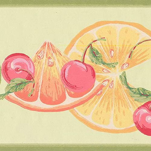 Concord Wallcoverings Aesthetic Fruits Wallpaper Border Featuring Orange and Lemons Slices and Cherries, Colors Green Yellow Red Orange, Size 7 Inches by 15 Feet BN1997B