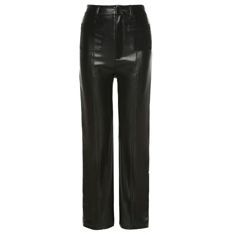 Women Faux Leather Pants Solid Color High Waist Straight Wide Leg Leggings  Slim Fit Trousers Vintage Streetwear 