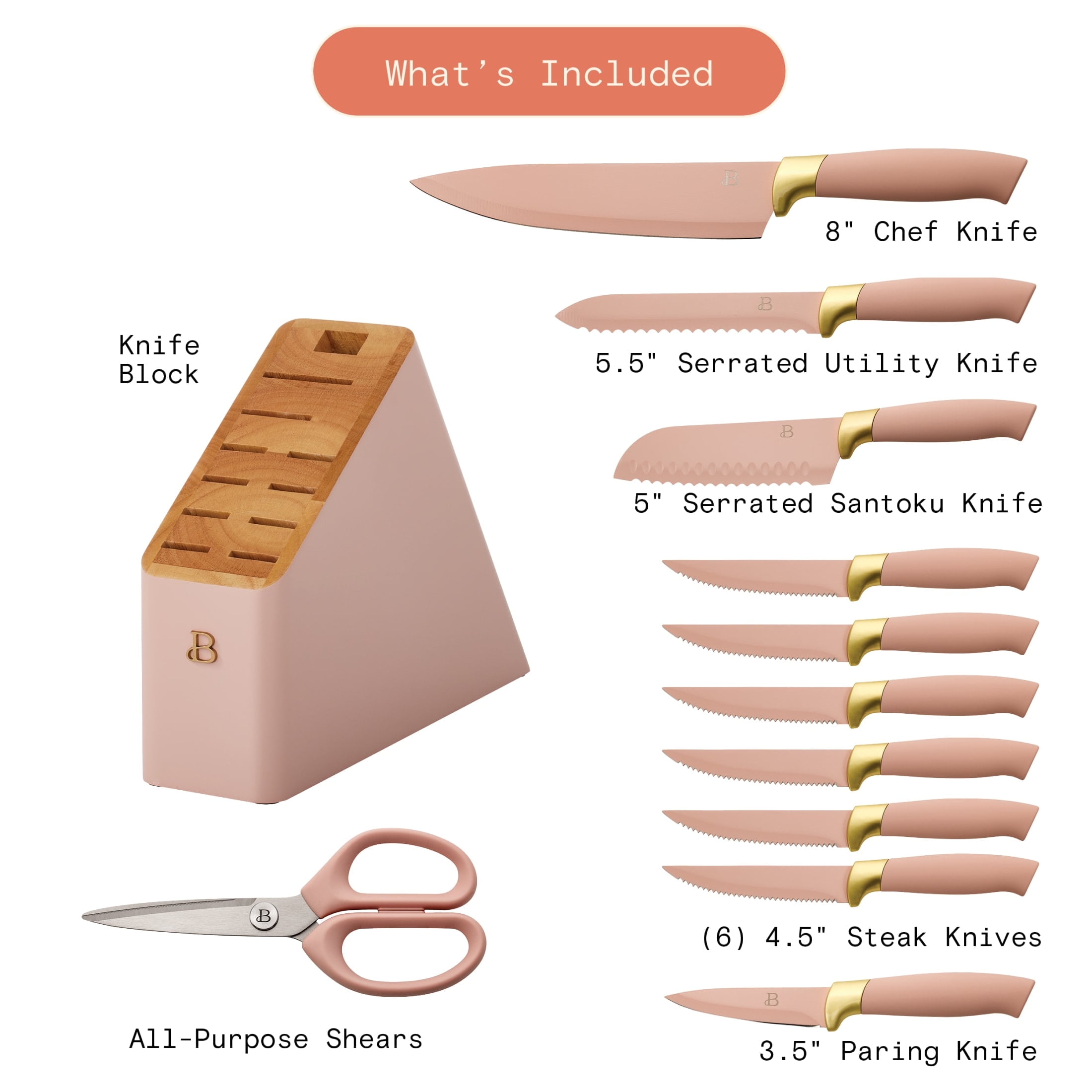 Beautiful 12 Piece Stainless Steel Knife Knife Set Block Soft Grip Handles Rose by Drew Barrymore
