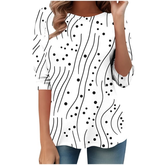 Jsaierl Womens 3/4 Sleeve Tops Plus Size Crew Neck Shirts Fashion Print Ladies Blouses Classic Elegant Tunic Top S-5XL