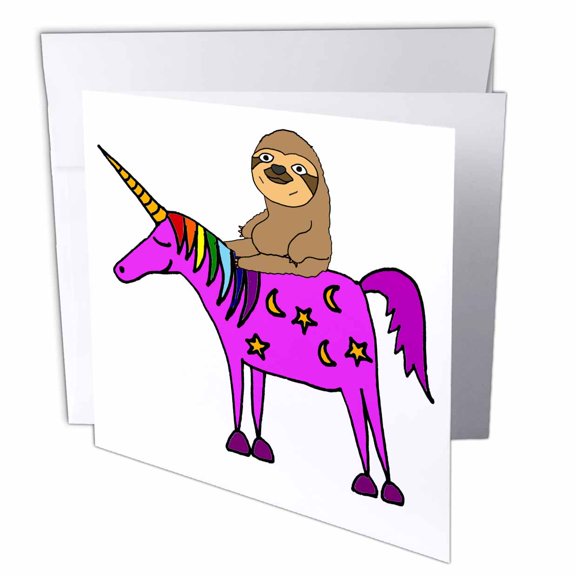 3dRose, Funny Cool Sloth Riding Unicorn Cartoon, 1 Greeting Card with envelope