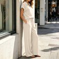 thumbnail image 6 of VBVC Women's Collared V-Neck 2 Piece Lounge Set, Casual Summer Tracksuit Outfit with Drawstring Wide Leg Pants and Pockets,Beige,S-2XL, 6 of 8