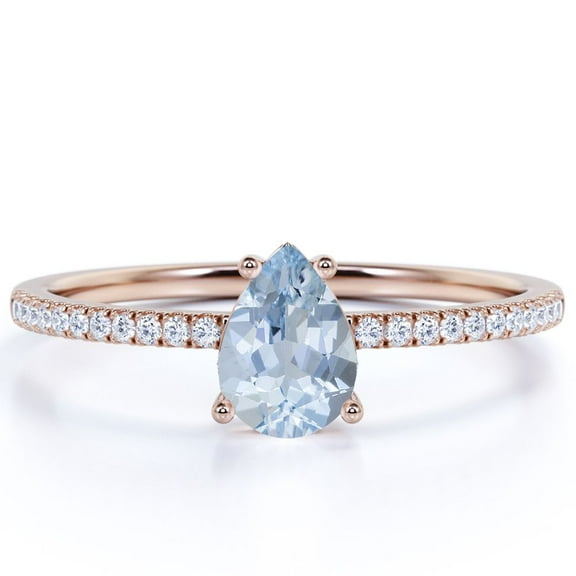 JeenMata 1 Carat Pear Shaped Aquamarine Promise Ring in 18k Rose Gold over Silver