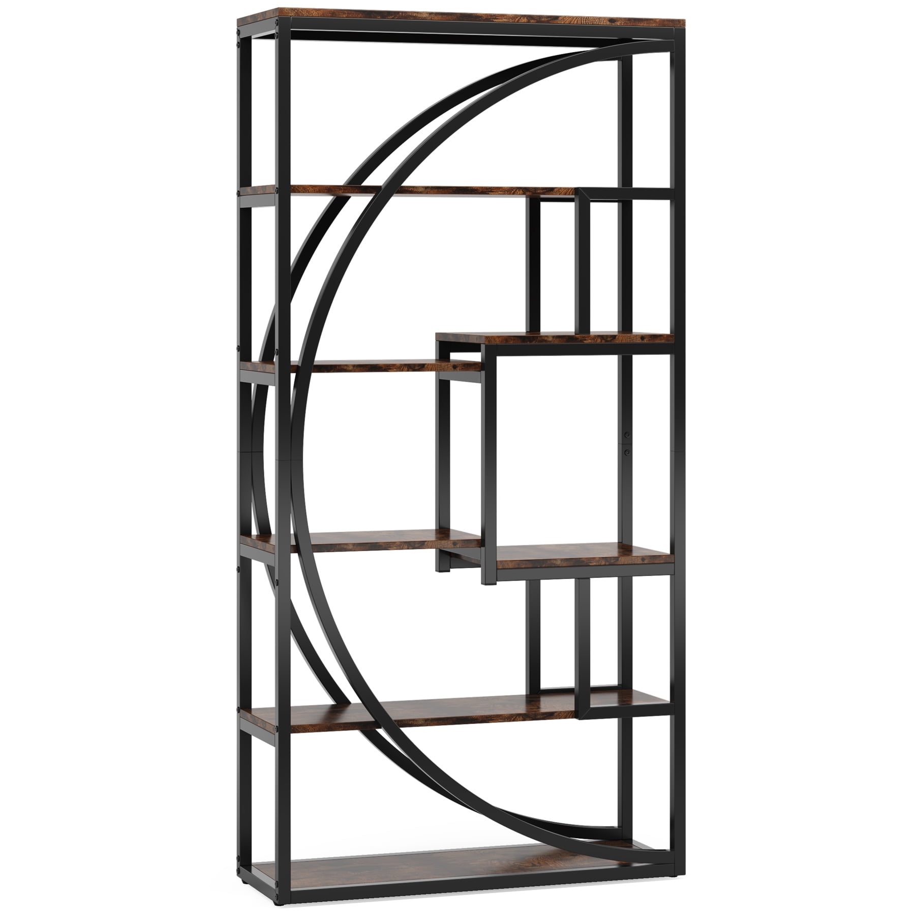 MAYEERTY 6-Tier Industrial Bookcase, 8 Open Geometric Storage Shelves, Gray Wood & Black Metal Display Organizer
