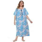 EFINNY Women's Plus Size Long Nightgowns Floral Print Short Sleeve Long T-Shirt Lounger House Dress Casual Loose Nightshirts, XL-5XL
