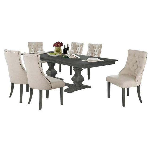 Dark Gray Wood 7pc Dining Set with 6 Tufted Beige Linen Chairs