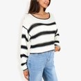 thumbnail image 4 of Women's Long Sleeve Striped Sweater With Crew Neck, Cropped Fit- Large, White, 4 of 6