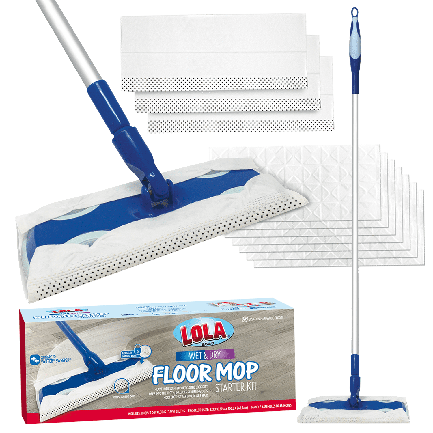 LOLA Wet & Dry Floor Mop Starter Kit, Includes 1 Mop, 7 Dry Cloths, & 3
