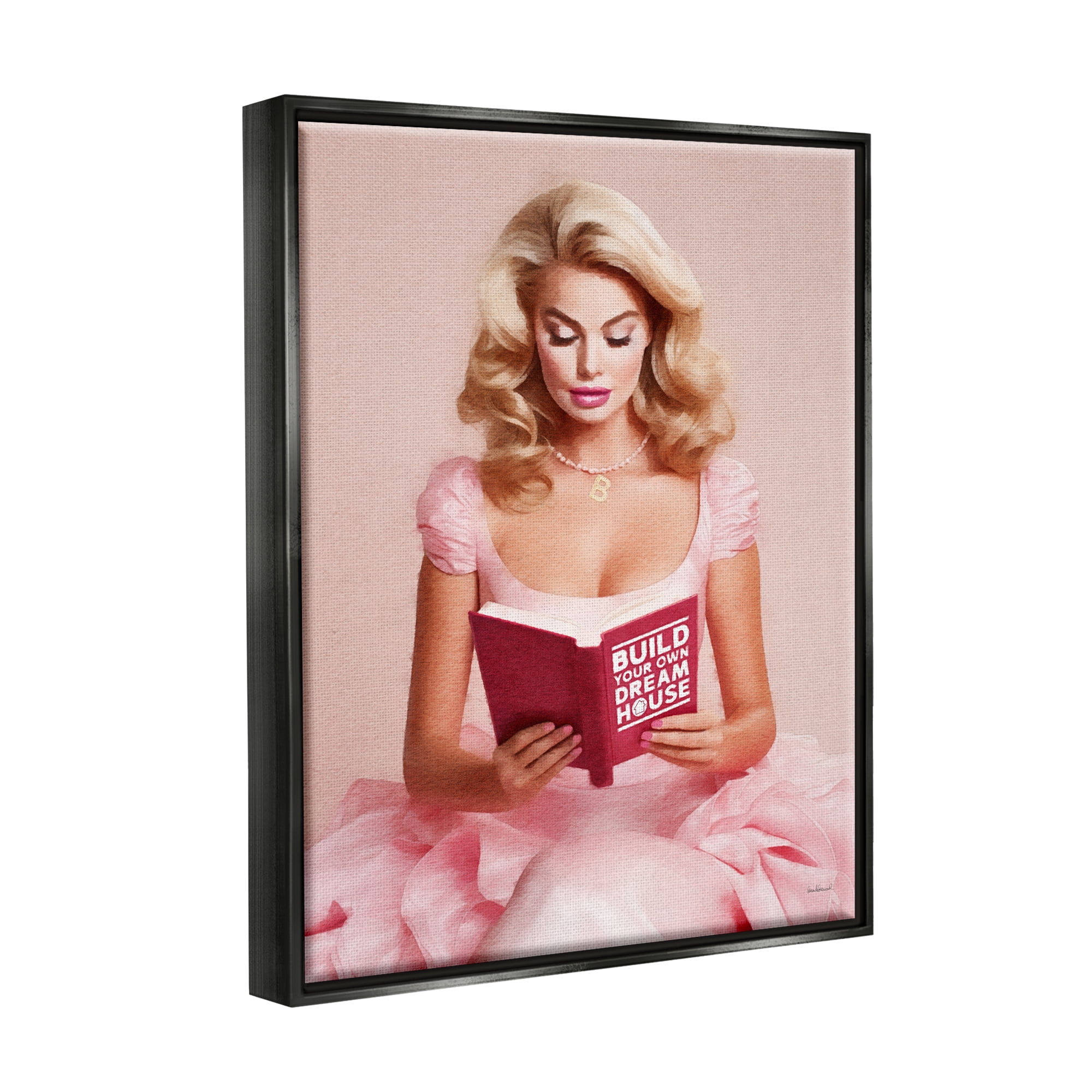 Stupell Industries Girl in Pink Reading Literature & Flim Painting Black Floater Framed Canvas Art Print Wall Art, 25 x 31