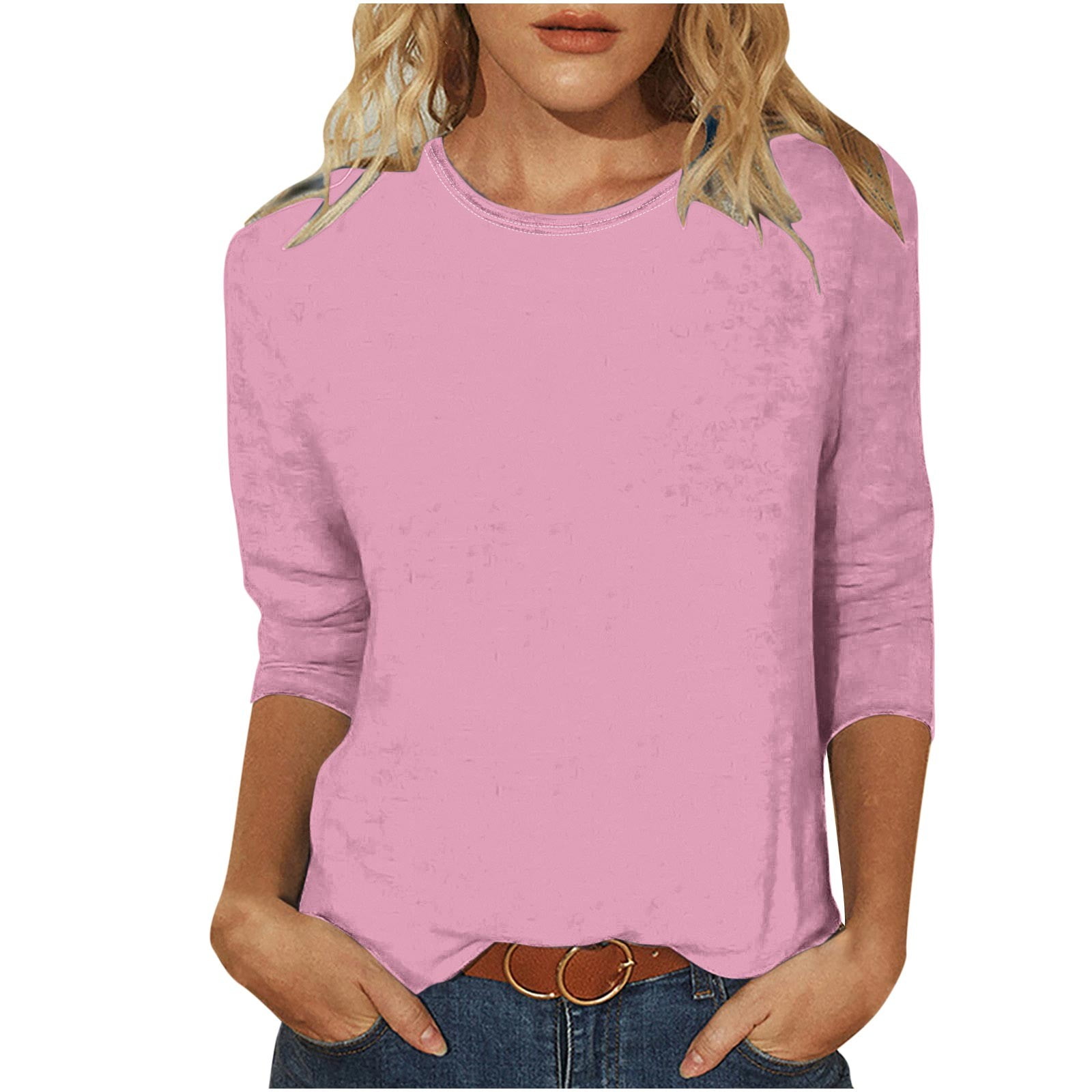 Timegard Womens Tops Summer Crewneck 3/4 Sleeve Comfy Solid Color Basic Tshirts Casual Loose Tops Blouses