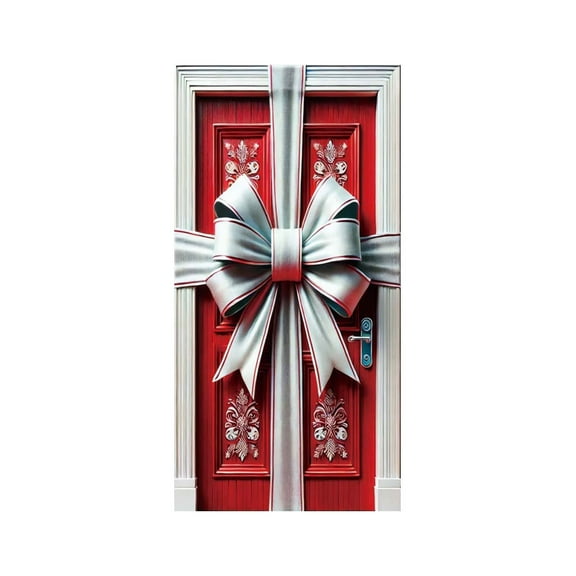 Uutvery Christmas Door Cover with Bow Tie Design, 35x71 Inch Elastic Fabric for Indoor Outdoor Decoration, Holiday Party Home Office Decor Photography