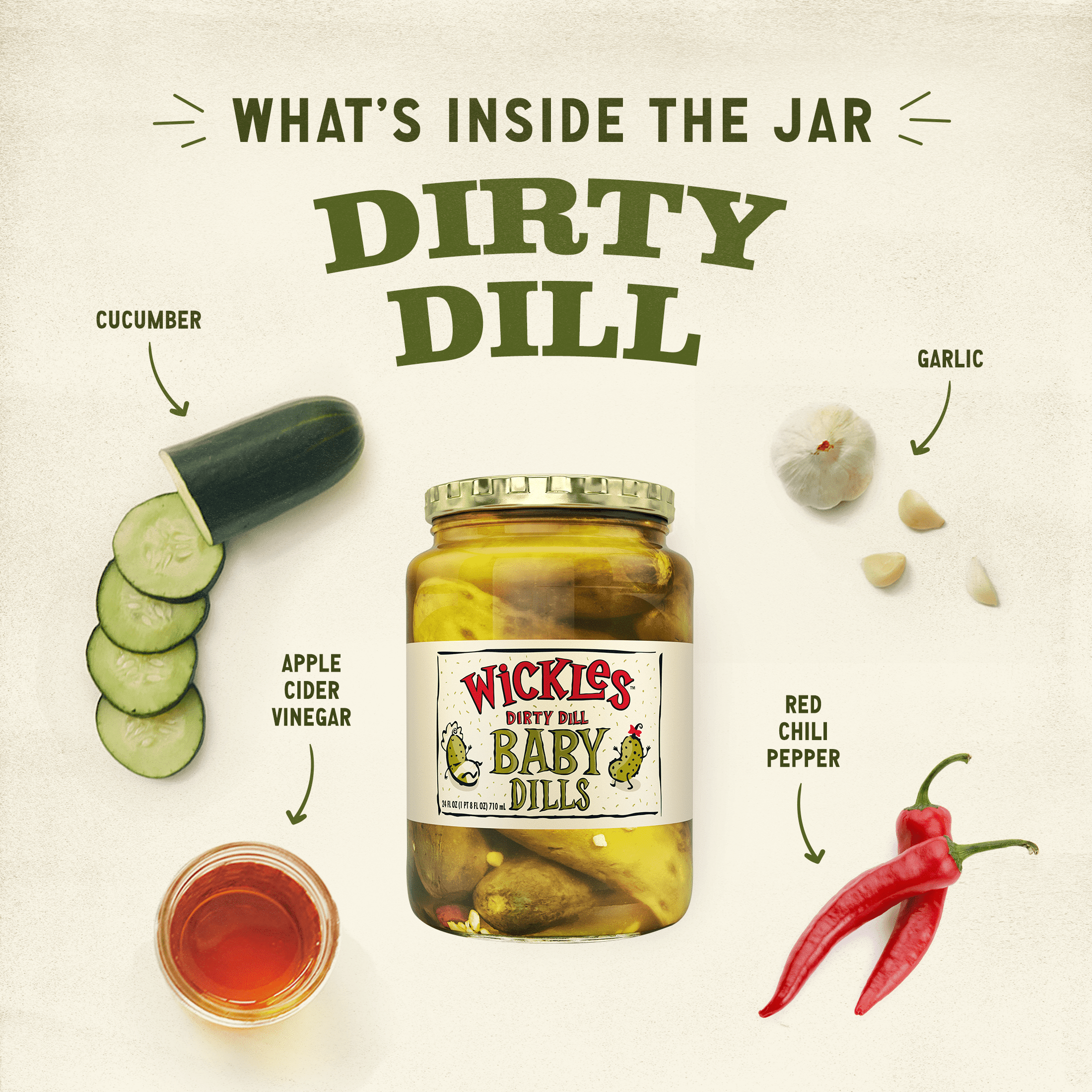 (6 pack) Wickles Dirty Dill Baby Dill Pickles, 24 fl oz Jar