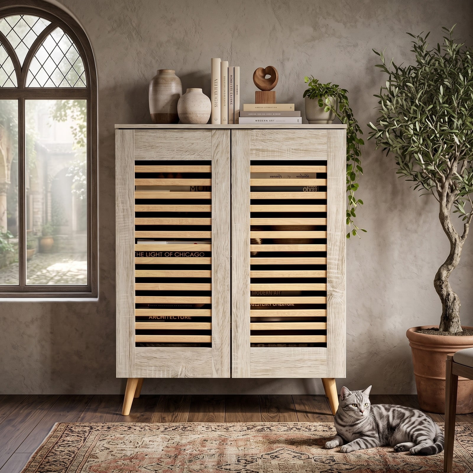 Furnibear Shoe Cabinet with Louvered Doors and 3 Removable Shelves for Entryway Closet and Hallway Shoe Storage Organizer, Natural