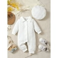 thumbnail image 3 of Mikrdoo 1 Months Newborn Boys Clothes Solid White 3 Months Baby Boys Jacquard Turn-down Collar Long Sleeve Single Breasted Design Bodysuits With Hat 2Pcs For Christening,As Gift, 3 of 9