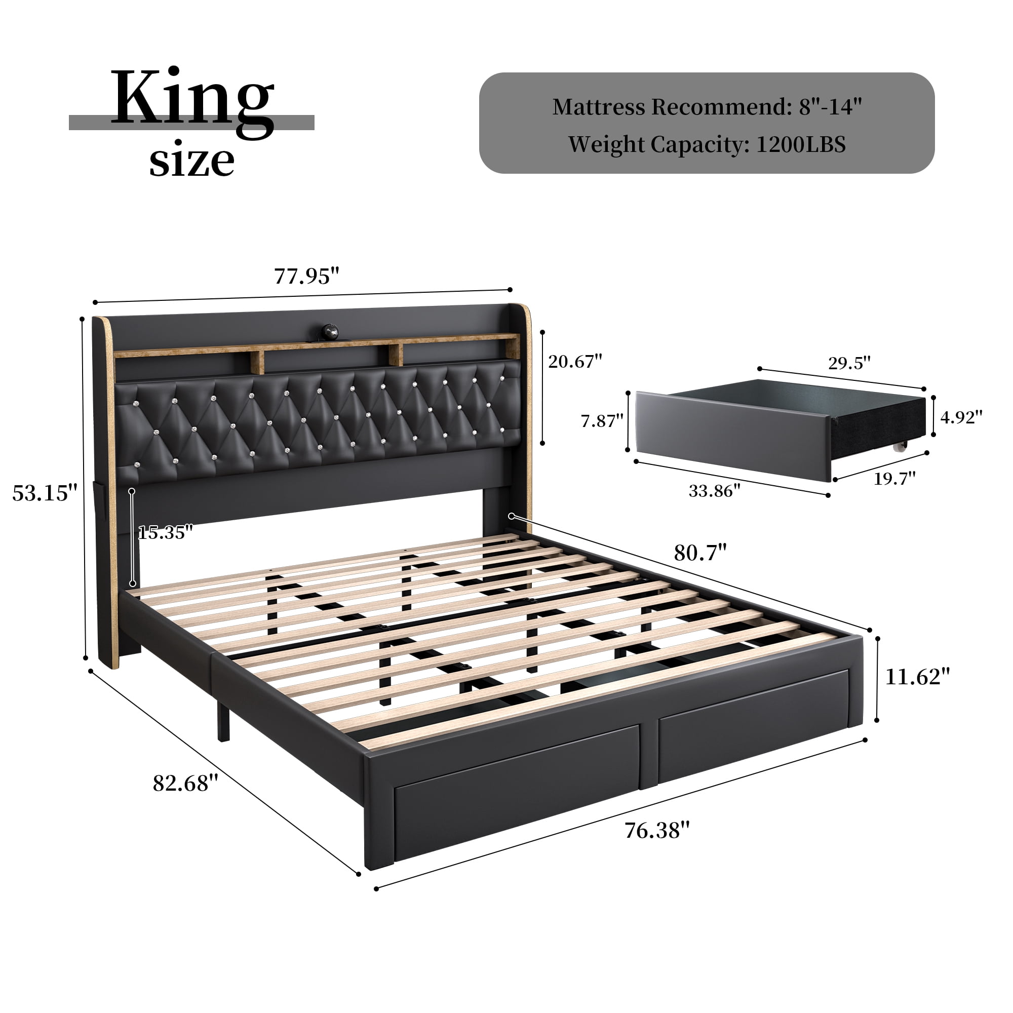 SIBEDS LED Bed Frame with 2 Storage Drawers and Galaxy Star Projector PU Upholstered Black Tufted Wingback Headboard, King