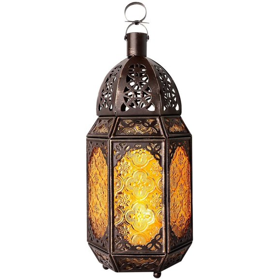 Metal Glass Ramadan Candle Lantern, Moroccan Style Portable Candle Holder Pavilion Shape Bowl Bottom Decorative Hanging Lamp Wind Lantern Décor for Home Patio Balcony Garden - Copper Yellow