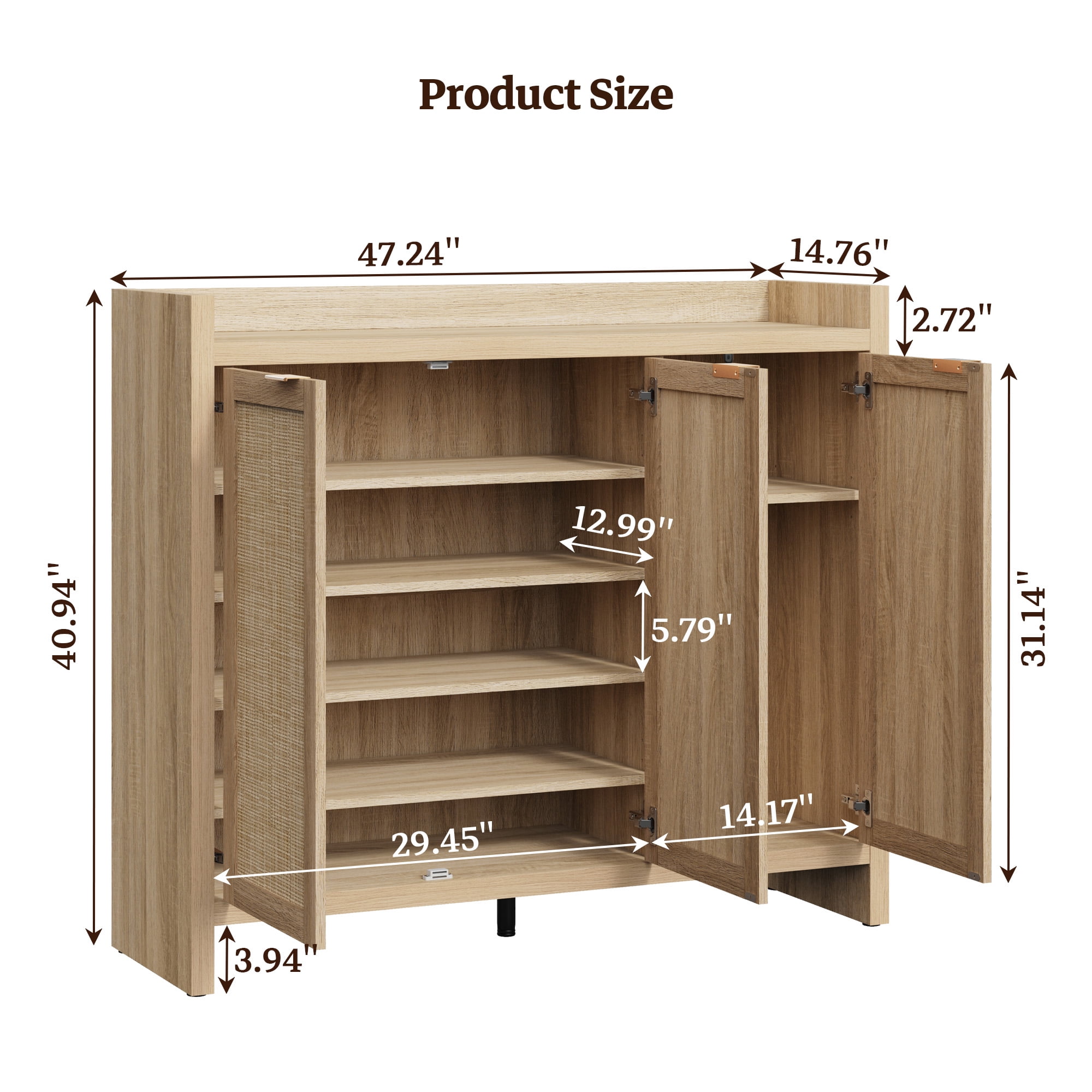 SICOTAS Rattan Shoe Cabinet with 3 Doors, 6-Tier Adjustable Shelf, 57.24" Shoe Storage Cabinet for Entryway Furniture, Light Oak 2